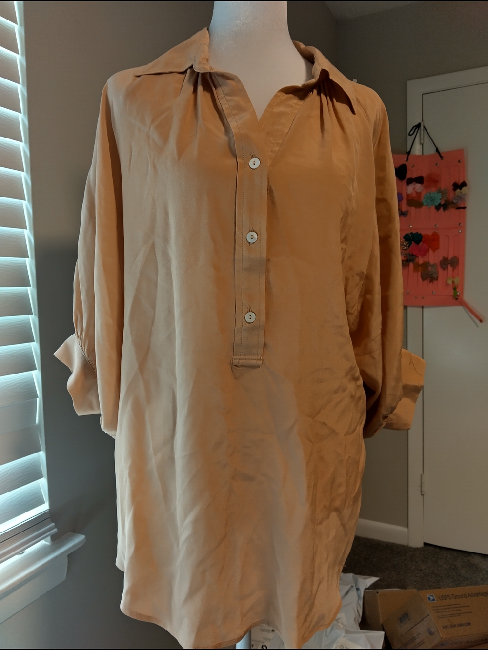 Olivaceous Light Tan Button-Front Tunic Top 100% Silk
